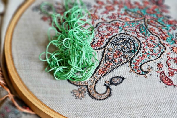 ペイズリー柄の手刺繍と刺繍糸の束のクローズアップ（Chopova Lowenaが軸に据えるブルガリア伝統刺繍・手仕事のイメージ）